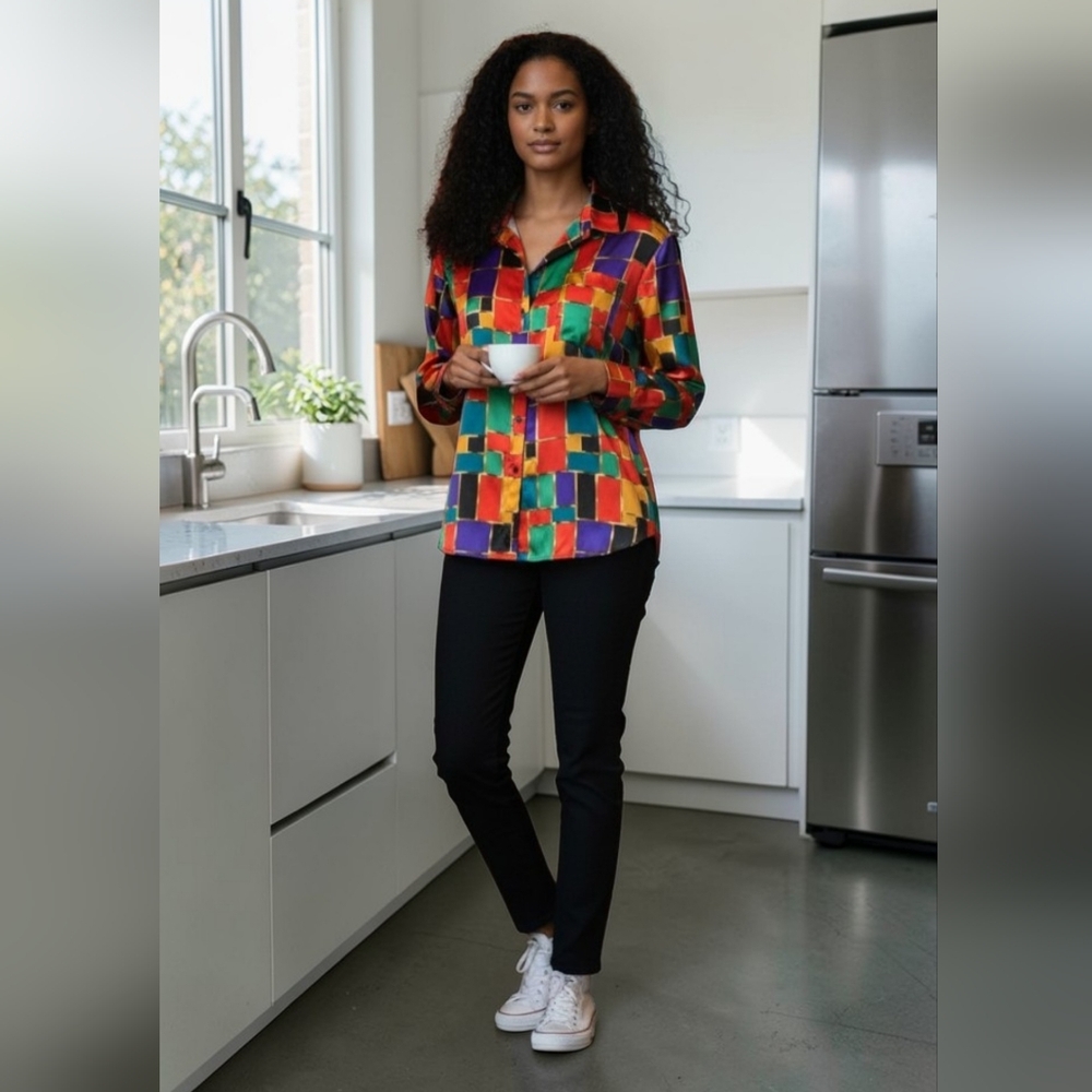 Notations Womens Colorful Geometric Blouse with Attached Camisole XL